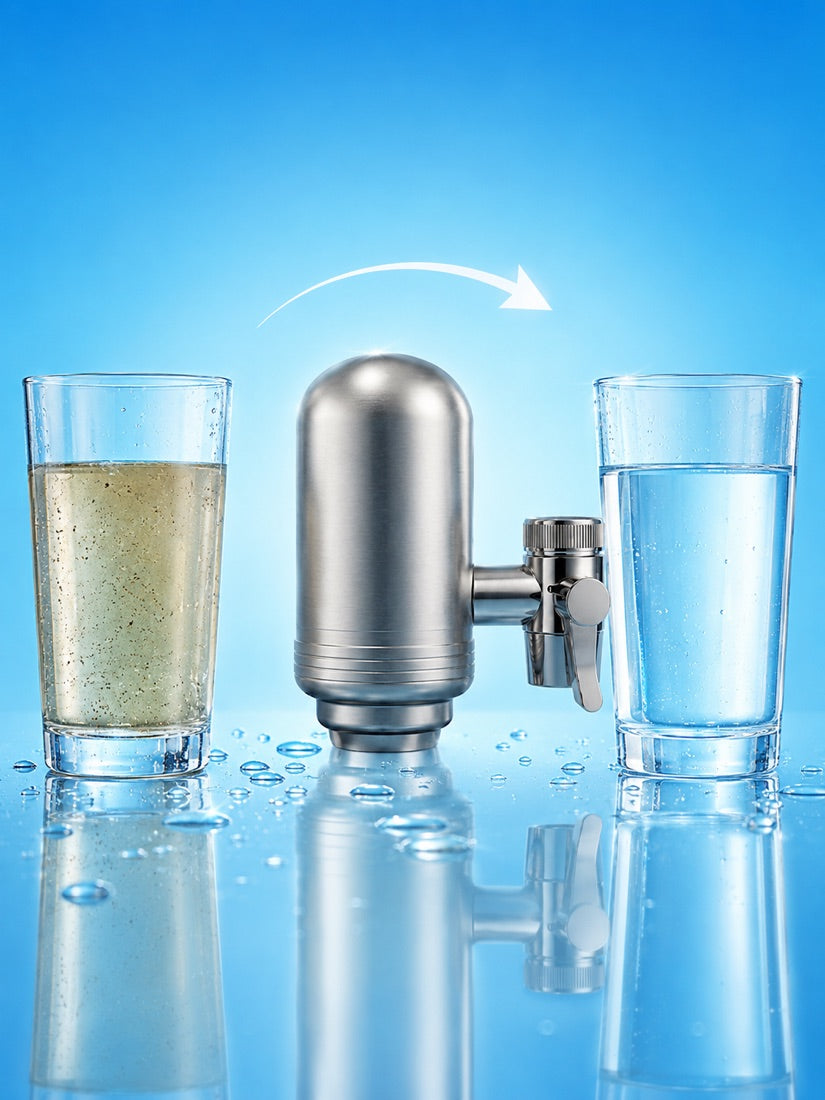 Eau du robinet non filtrée à gauche, eau filtrée Filtero à droite