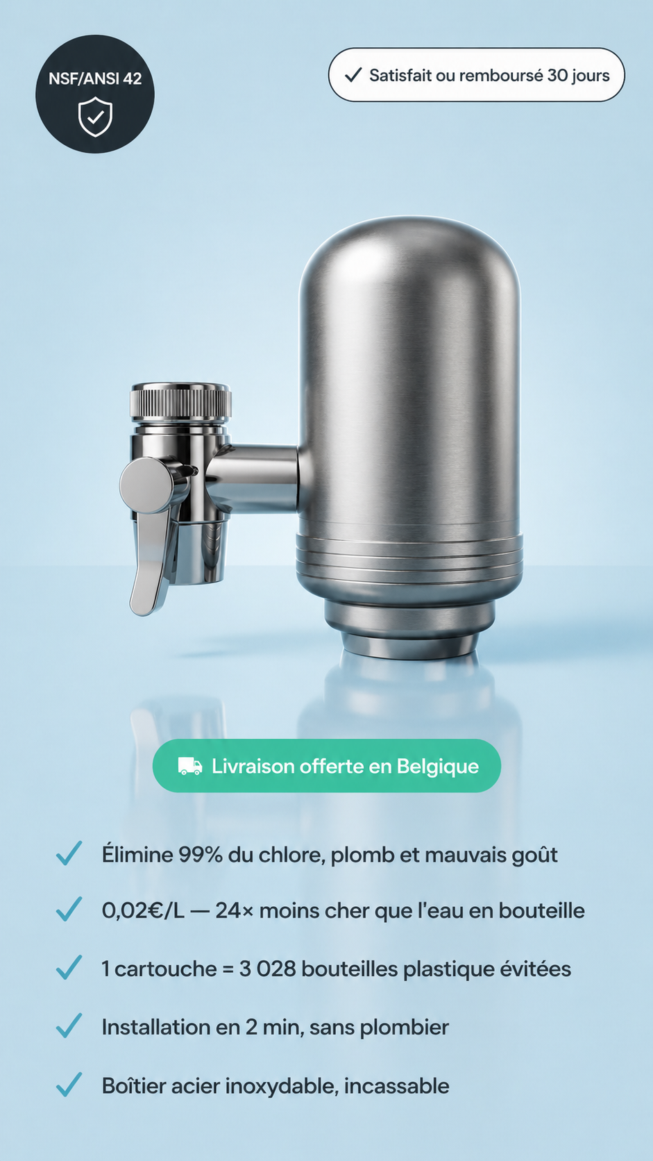 T2 Stainless Steel Tap Water Filter — NSF Certified Activated Carbon