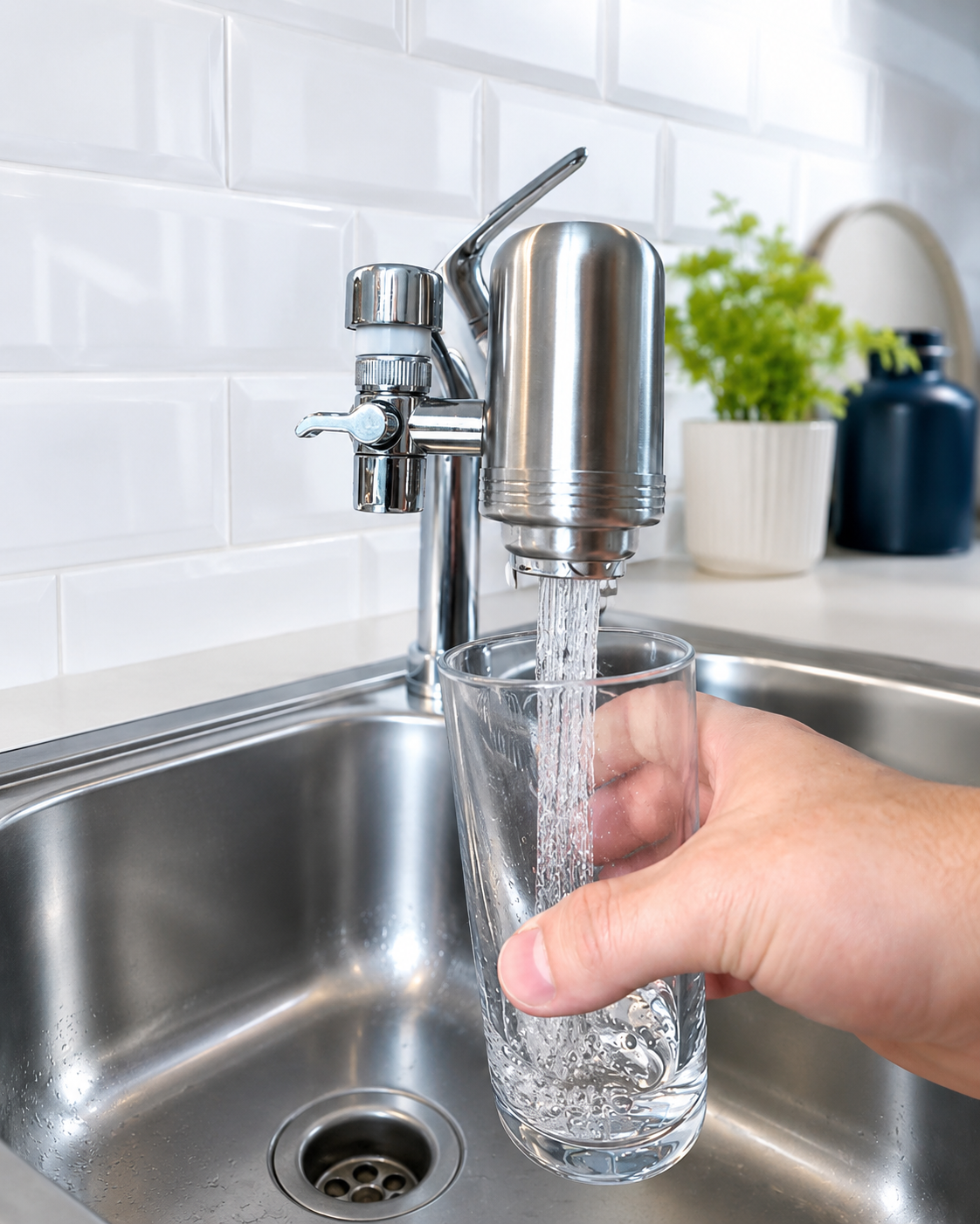 Filtre à Eau Robinet T2 Inox — Charbon Actif Certifié NSF