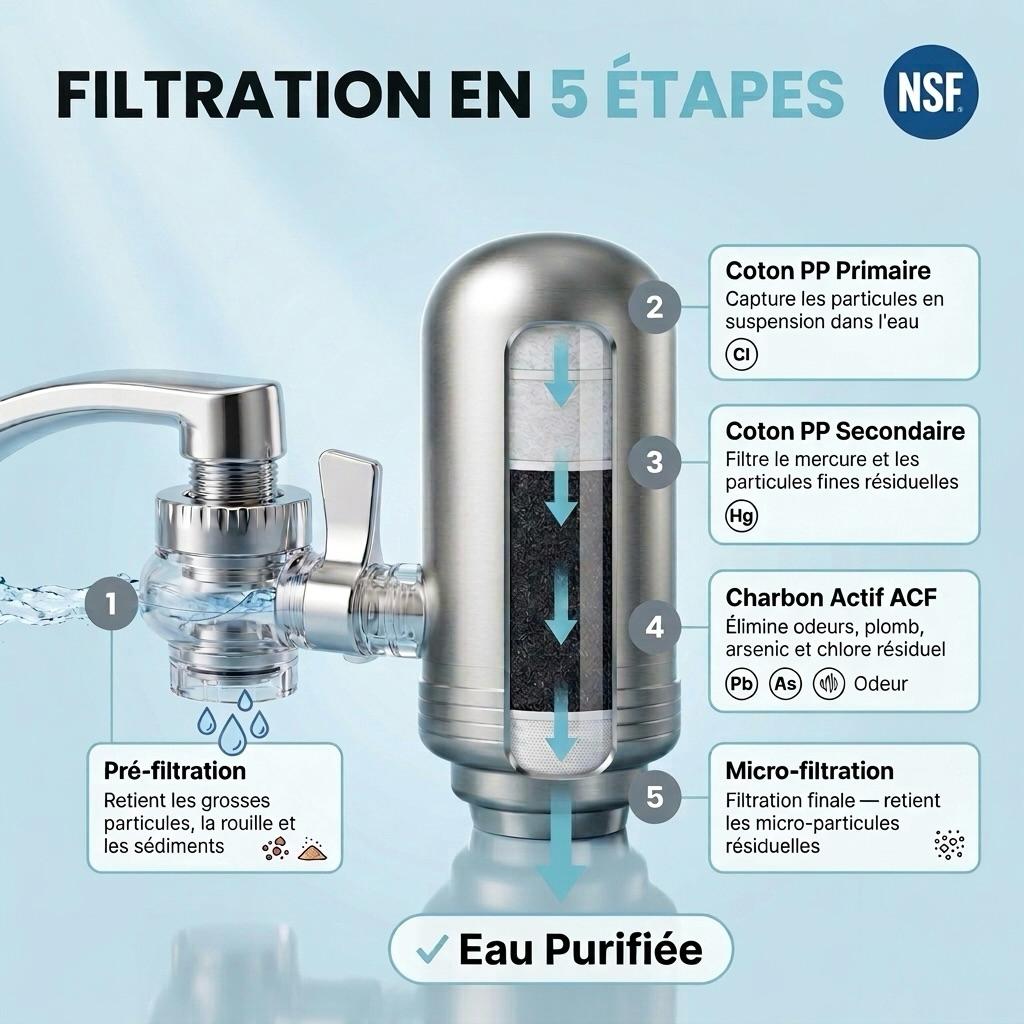 5 étapes de filtration du filtre à eau T2 inox