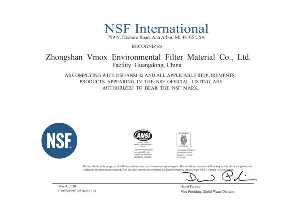 Certificat NSF/ANSI 42 du matériau filtrant